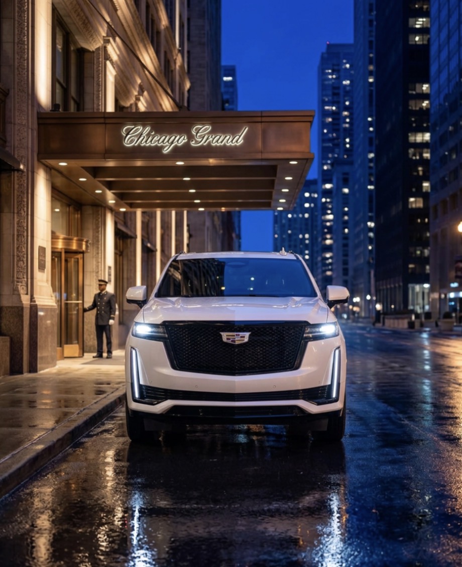 DW white Cadillac at a Chicago hotel